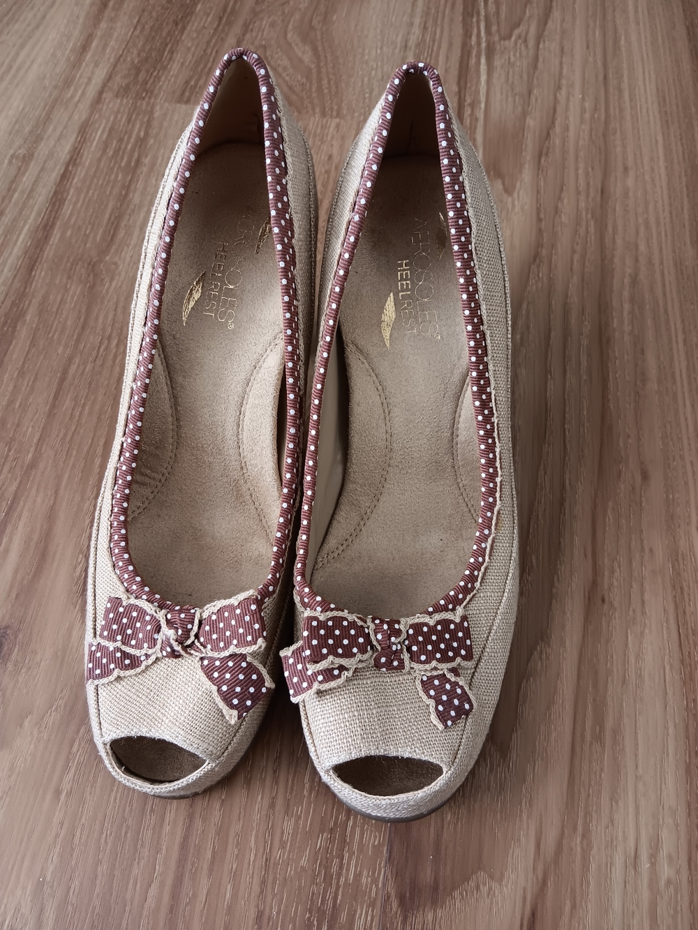 AEROSOLES Beige Canvas Peep-Toe Heels with Brown Polka Dot Trim